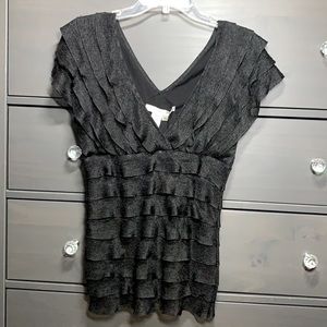 Studio M black short sleeve blouse. V neckline with layer detailing. L. New.
